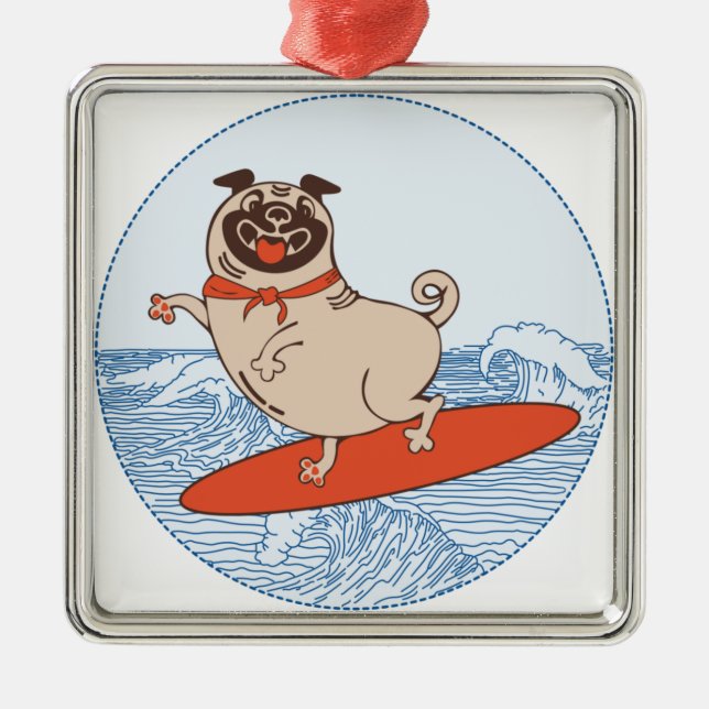 Wave ridning lycklig pug hund på yfboard julgransprydnad metall (Framsidan)