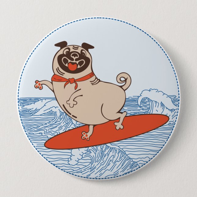 Wave ridning lycklig pug hund på yfboard knapp (Framsida)
