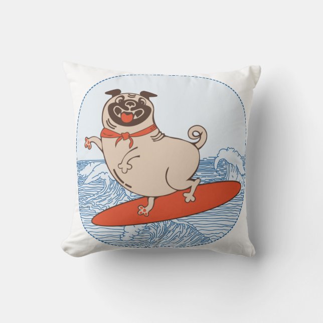 Wave ridning lycklig pug hund på yfboard kudde (Framsida)