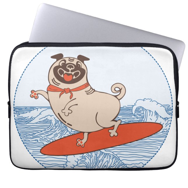Wave ridning lycklig pug hund på yfboard  laptop fodral (Framsidan)
