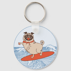 Wave ridning lycklig pug hund på yfboard nyckelring