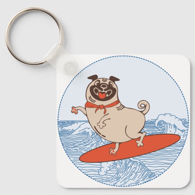 Wave ridning lycklig pug hund på yfboard nyckelring (Framsida)