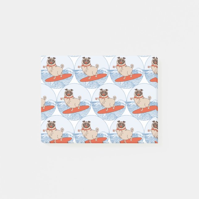 Wave ridning lycklig pug hund på yfboard post-it block (Framsida)