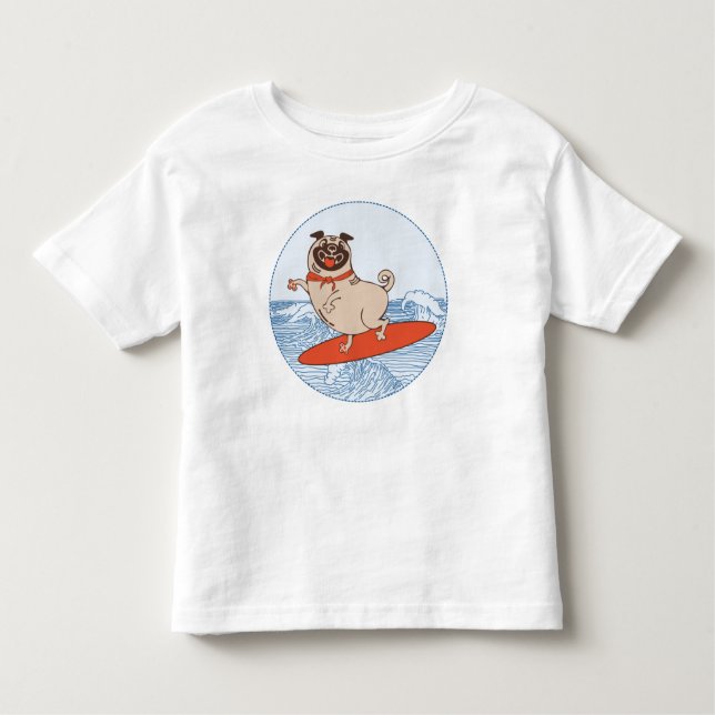Wave ridning lycklig pug hund på yfboard t shirt (Framsida)