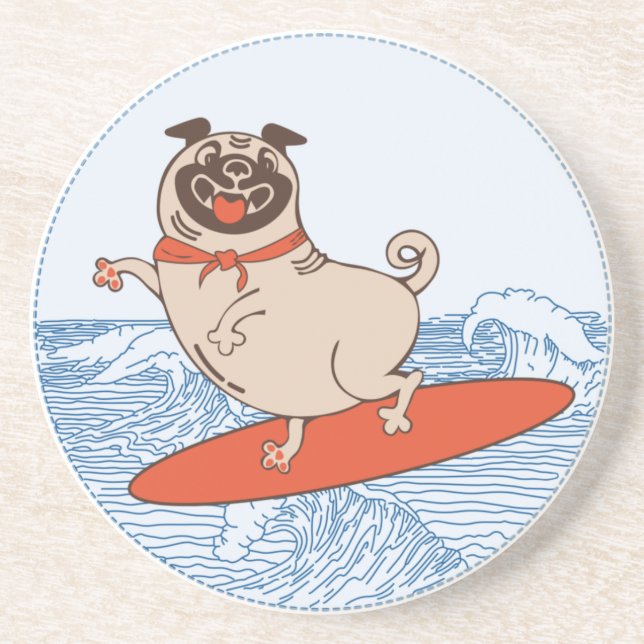 Wave ridning lycklig pug hund på yfboard underlägg (Framsidan)