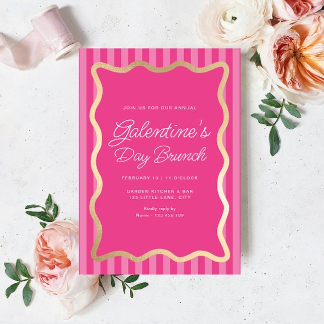 Wave Rosa Shock rosa Galentine's Day Brunch Inbjudningar (Galentines Brunch Invitation Hot Pink Stripe)