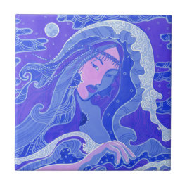 Wave, Sjöjungfru Fantasy Surreal Asian Girl Blue R Kakelplatta