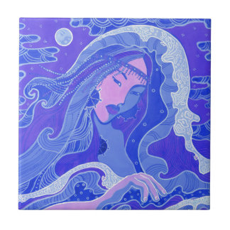 Wave, Sjöjungfru Fantasy Surreal Asian Girl Blue R Kakelplatta