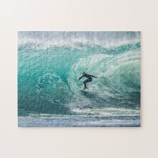 Wave Surfer Surfing Sports Blue Ocean Pussel (Horisontell)