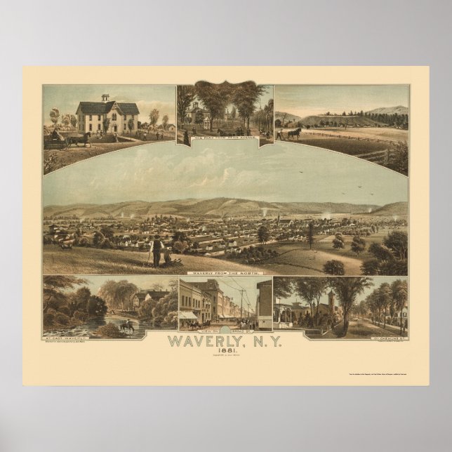Waverly, NY Panoramic Karta - 1881 Poster (Framsidan)