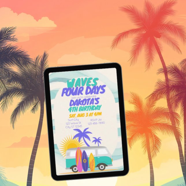 Waves Four Days Surf Van 4th Birthday Inbjudningar (Skapare uppladdad)
