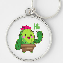 Waving Cactus Keychain – Happy Green Buddy Rund Silverfärgad Nyckelring