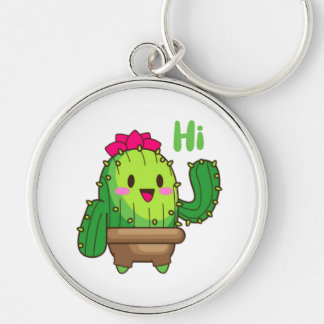 Waving Cactus Keychain – Happy Green Buddy Rund Silverfärgad Nyckelring