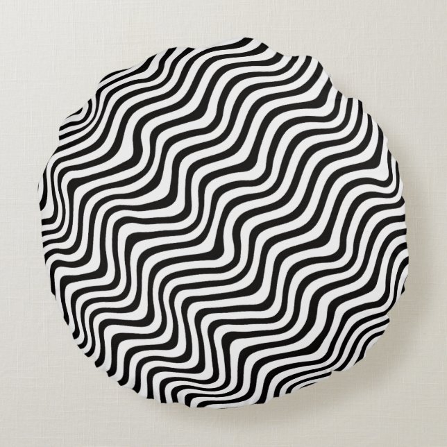 wavy black stripes op art printed rund kudde (Baksidan)