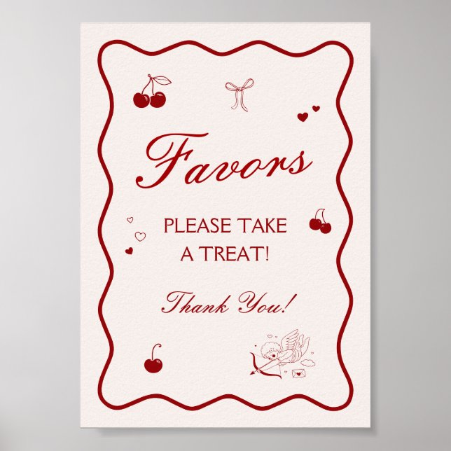 Wavy Burgundy Cherry Bridal Shower Favor Poster (Framsidan)