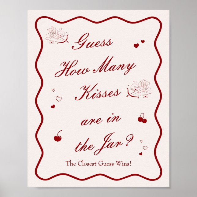 Wavy Cherry Bridal Shower Guess How Many Kisses Poster (Framsidan)