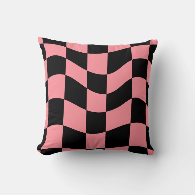 Wavy Peach and Black Checkerboard Pattern Pillow  Kudde (Framsida)