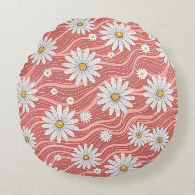 Wavy Pink Daisies  Rund Kudde (Framsidan)