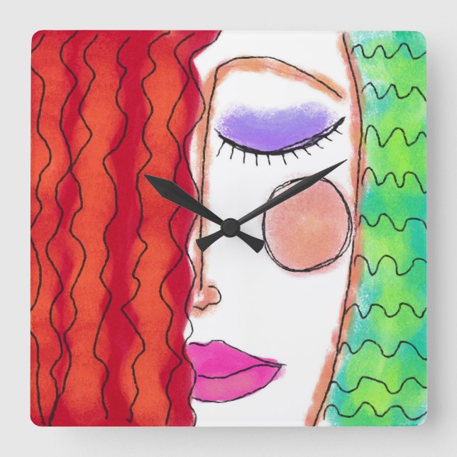 Wavy Red Hair Abstract Art Square Wall Clock Fyrkantig Klocka (Framsida)