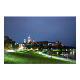Wawel castle på natten i Krakow, Polen Fototryck