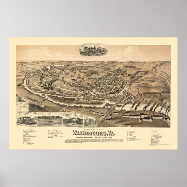 Waynesboro, VA Panoramic Karta - 1891 Poster (Framsidan)