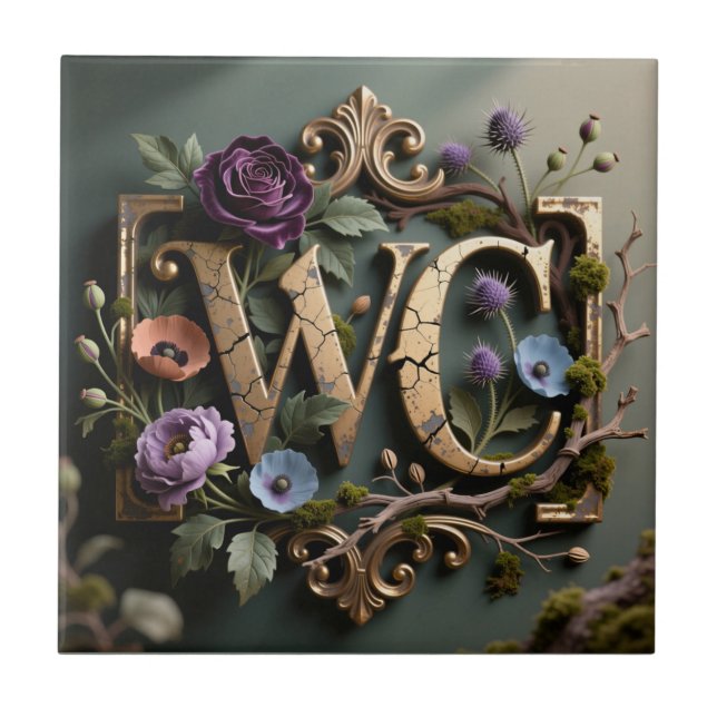 WC-monogram signerad antika blomstermotiv Kakelplatta (Framsidan)