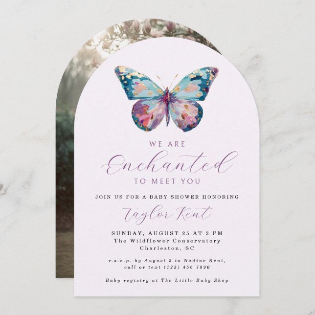 We are Enchanted To Meet You Butterfly Baby Shower Inbjudningar (Fram/baksida)