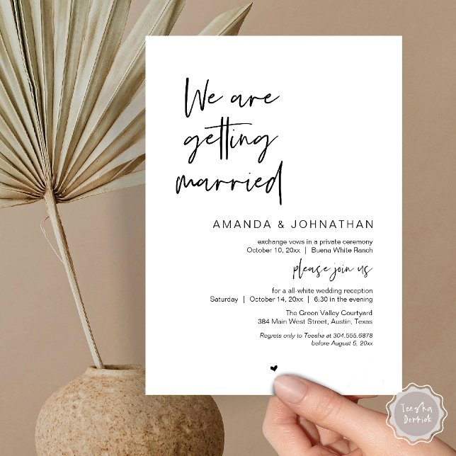 We are getting married, Modern Wedding Celebration Inbjudningar (Modern Minimal Reception, "We are getting married" Invitation Card in Black and white)