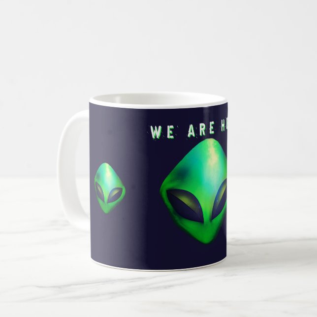 "We Are Here" Green Alien head Kaffemugg (Framsida vänster)