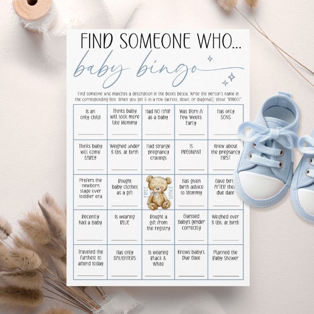 We Can Bearly Wait Baby Boy Shower Bingo Game Card Inbjudningar (We can bearly wait watercolor teddy bear blue baby boy shower Find Someone Who fun bingo game card)