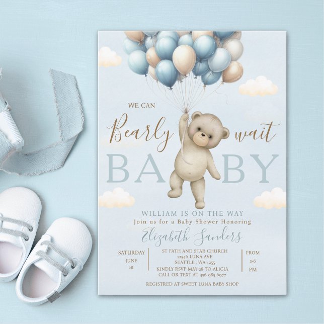 We Can Bearly Wait Baby Cute Bear Baby Shower Boy Inbjudningar (Skapare uppladdad)