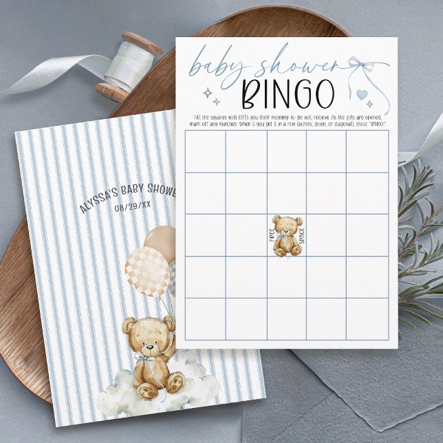 We Can Bearly Wait Baby Shower Bingo Game Card Inbjudningar (We can bearly wait watercolor teddy bear blue stripes checkerboard balloons baby shower bingo game)