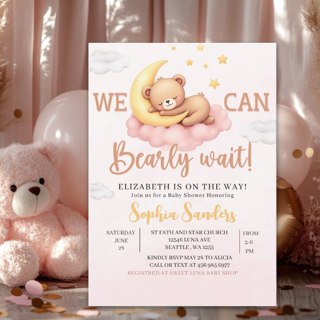 We Can Bearly Wait Baby Shower Pink Bear Inbjudningar (Skapare uppladdad)