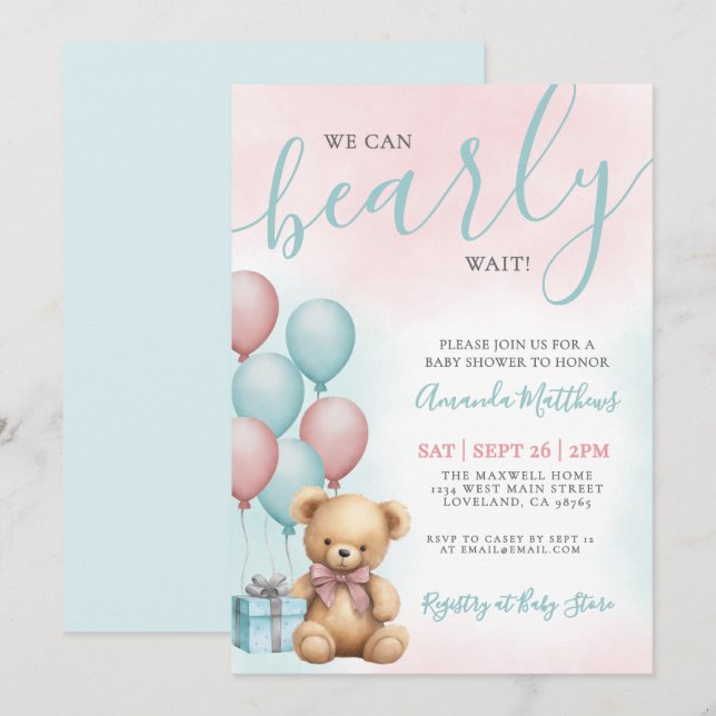 We Can Bearly Wait Bear Baby Shower Inbjudningar (Fram/baksida)