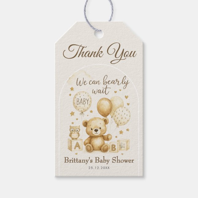 We Can Bearly Wait Bear Baby Shower Presentetikett (Framsidan)