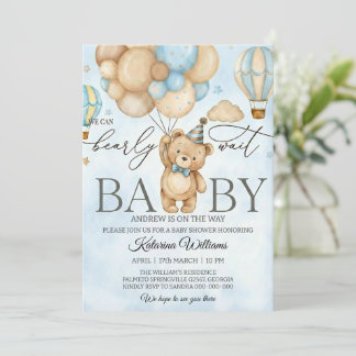 We Can Bearly Wait Bear Balloon Baby Shower Inbjudningar