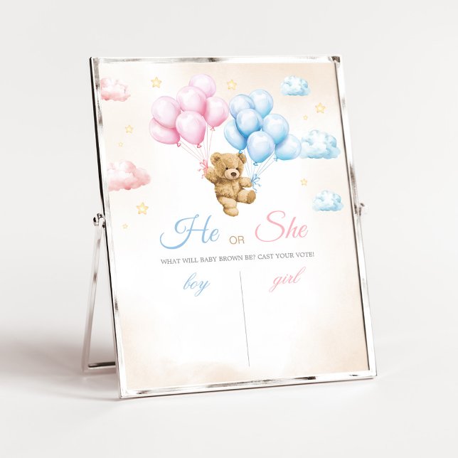 We Can Bearly Wait Bear Gender Reveal Sign Poster (Bear Balloon He or She Gender Reveal Voting Sign)