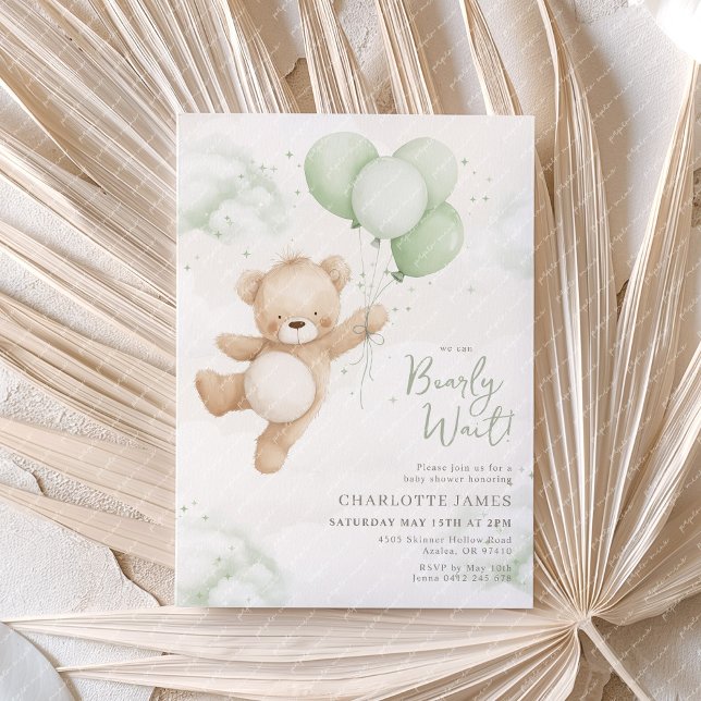 We can Bearly Wait! Bear Sage Balloon Baby Shower Inbjudningar (We can Bearly Wait! Baby Shower invitation with bear and sage green balloons)