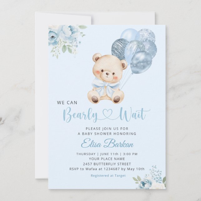 We Can Bearly Wait Blue Balloon Boy Baby Shower  Inbjudningar (Framsida)