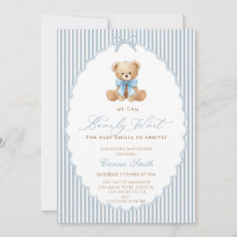 We Can Bearly Wait blue bow Boy Baby Shower Inbjudningar