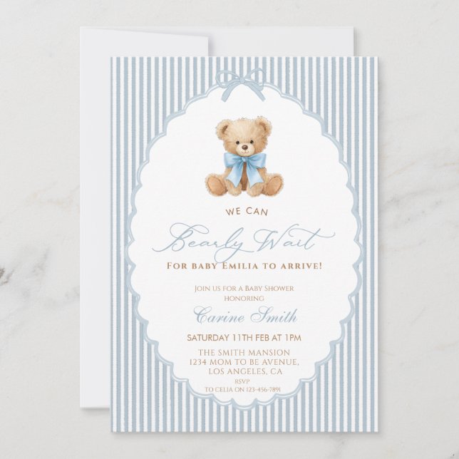 We Can Bearly Wait blue bow Boy Baby Shower Inbjudningar (Framsida)