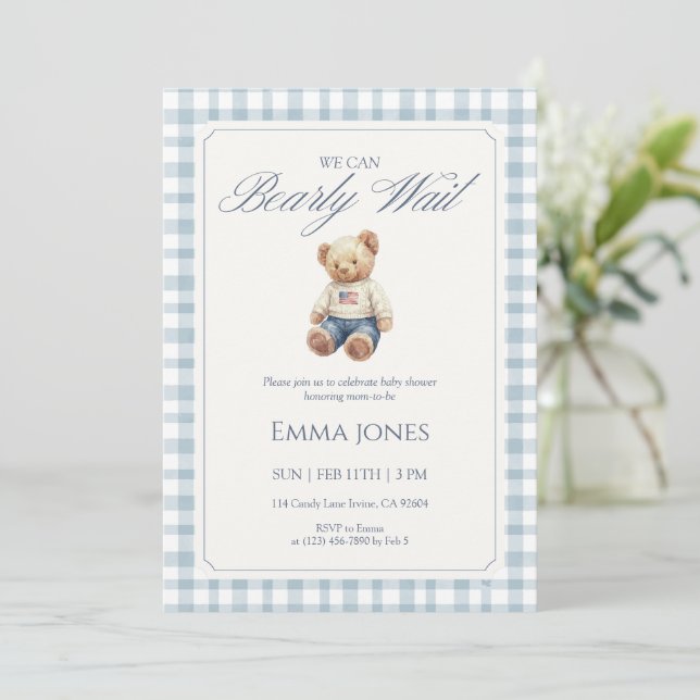 We Can Bearly Wait Blue Gingham pattern shower Inbjudningar (Stående Fram)
