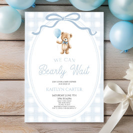 We Can Bearly Wait Blue Teddy Bear Baby Shower Inbjudningar