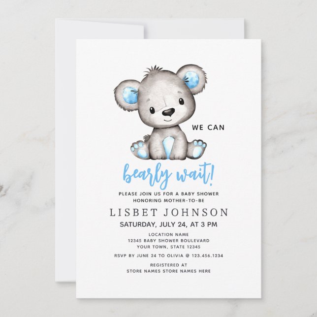 We Can Bearly Wait Blue Teddy Bear Baby Shower Inbjudningar (Framsida)