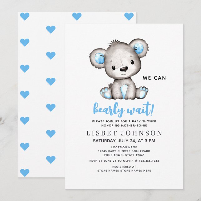 We Can Bearly Wait Blue Teddy Bear Baby Shower Inbjudningar (Fram/baksida)