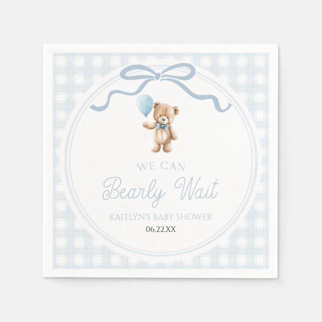 We Can Bearly Wait Blue Teddy Bear Baby Shower Pappersservett (Framsidan)