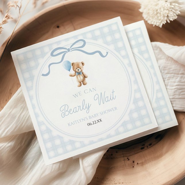 We Can Bearly Wait Blue Teddy Bear Baby Shower Pappersservett (Skapare uppladdad)