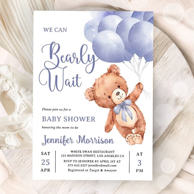 We Can Bearly Wait Boy Blue Teddy Bear Baby Shower Inbjudningar (Skapare uppladdad)