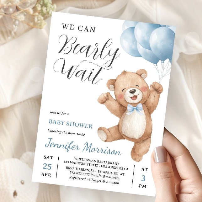 We Can Bearly Wait Boy Teddy Bear Baby Shower Inbjudningar (Skapare uppladdad)