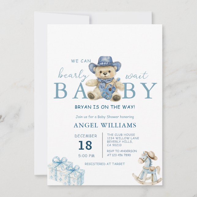 We Can Bearly Wait Cowboy Baby Shower Inbjudningar (Framsida)